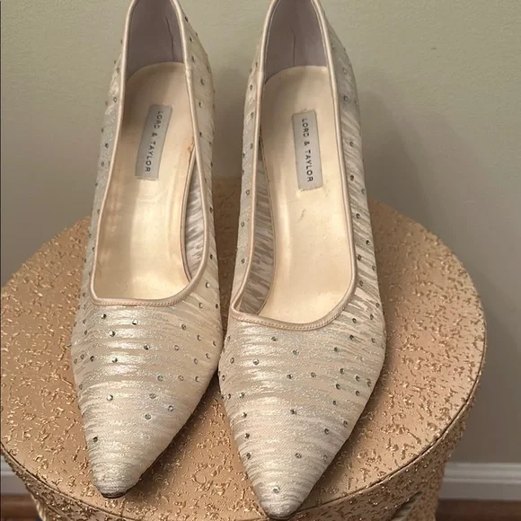 Lord & Taylor Mesh Stilettos – Size 10 Cream Rhinestone Wedding-Ready - Picture 1 of 3